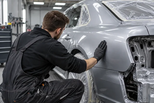 A technician carefully inspecting vehicle bodywork